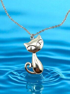 Silver Cat Necklace Stainless Steel Whimsical Retro Feline Pendant 18" NWT